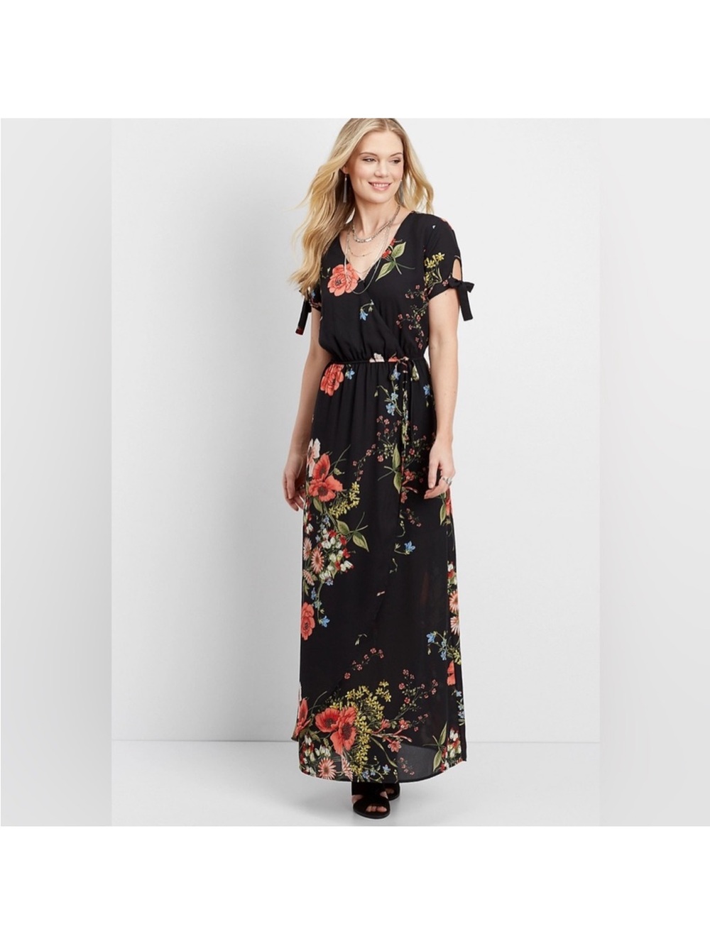 Maurices Black Floral Tie-Sleeve Maxi Dress